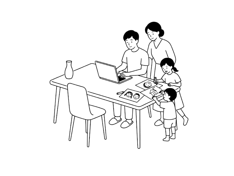 A family learning and building a website together around a table